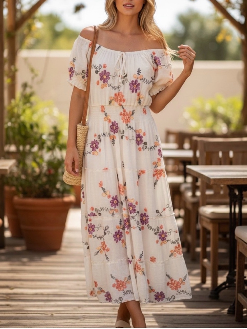 Anthropologie Kindred L Ivory Lined Embroidered Tiered Cottagecore Maxi Dres